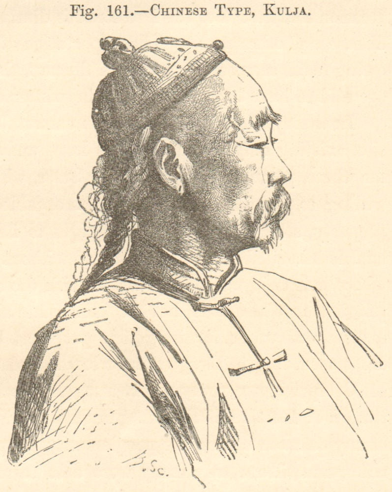 Elderly Chinese man, Kulja (Ghulja), Xinjiang, China. SMALL 1885 old print